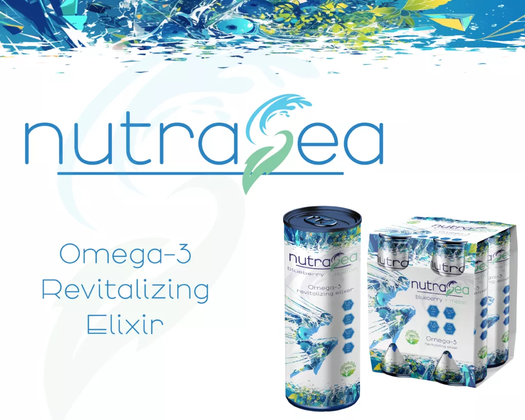 An image of nutrasea omega-3 drink, with cans in a 44-pack and a single can in front